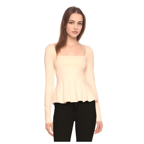 Susana Monaco Square Neck Long Sleeve Peplum Top in Blanched Almond NWT Small - Picture 1 of 8